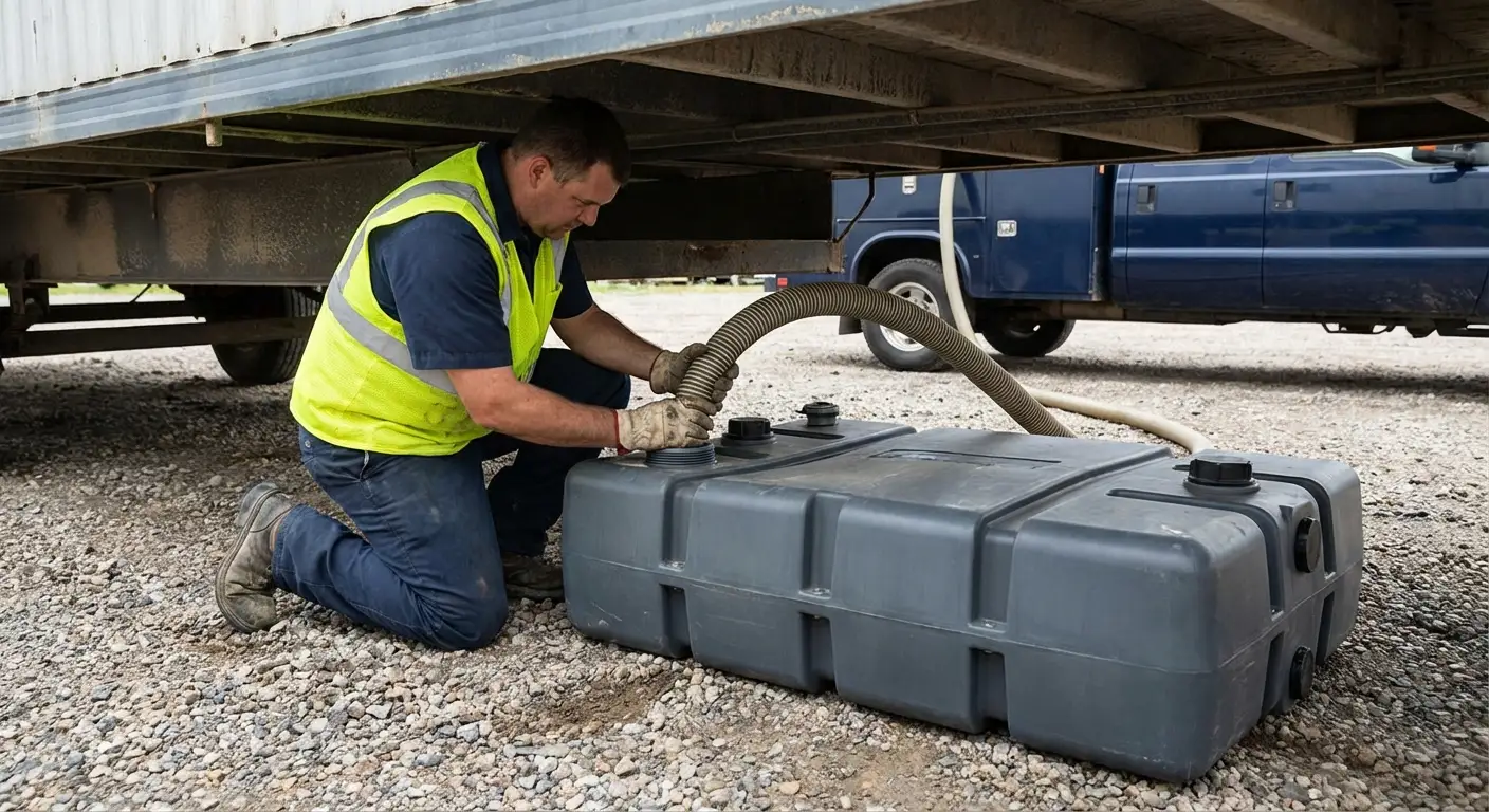 North Shore Sanitation vacuum truck servicing a waste holding tank at a construction site in Lake Forest, IL